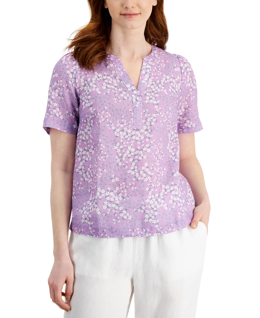 Charter Club Linen Floral-Print Split-Neck Top