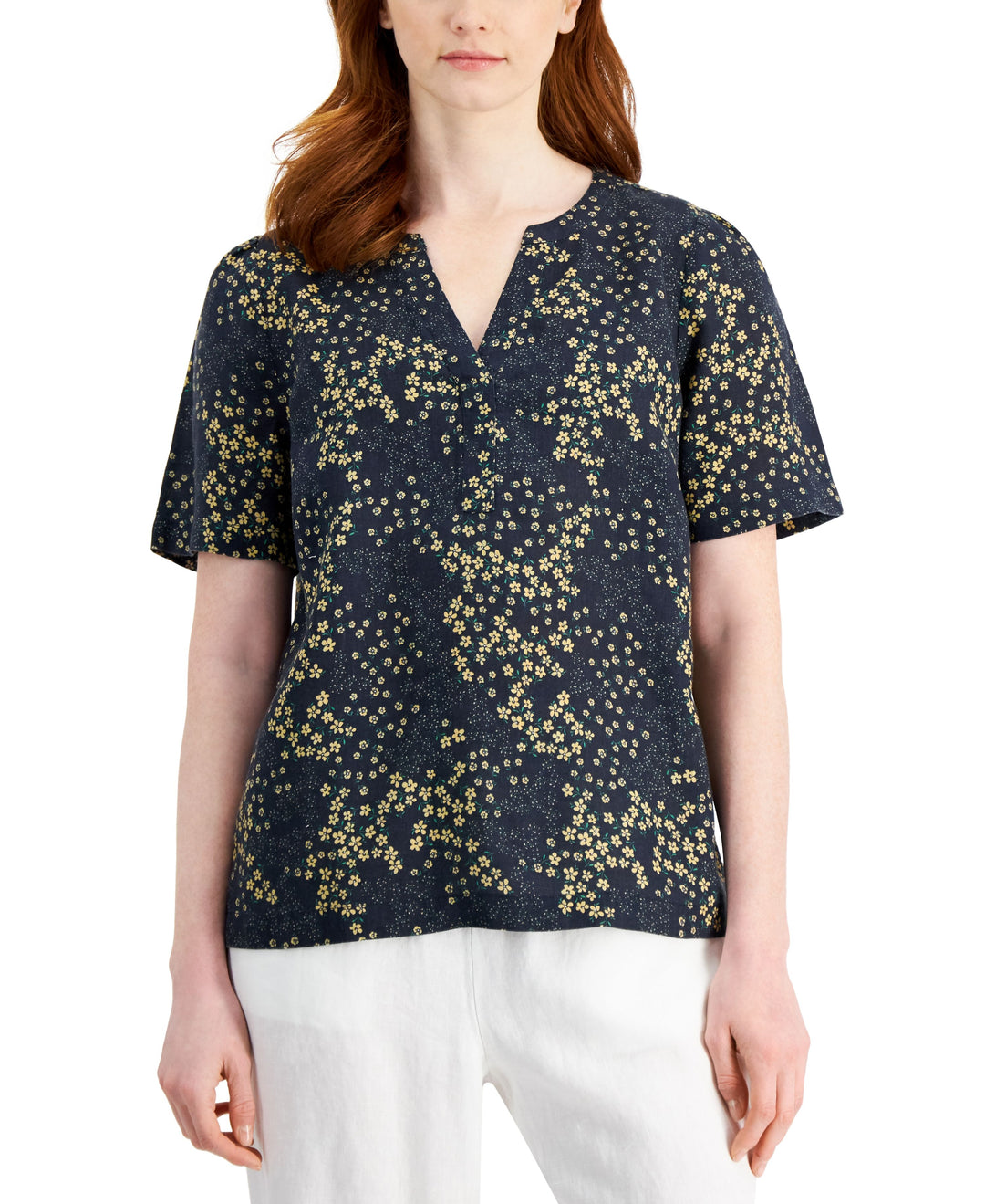 Charter Club Linen Floral-Print Split-Neck Top