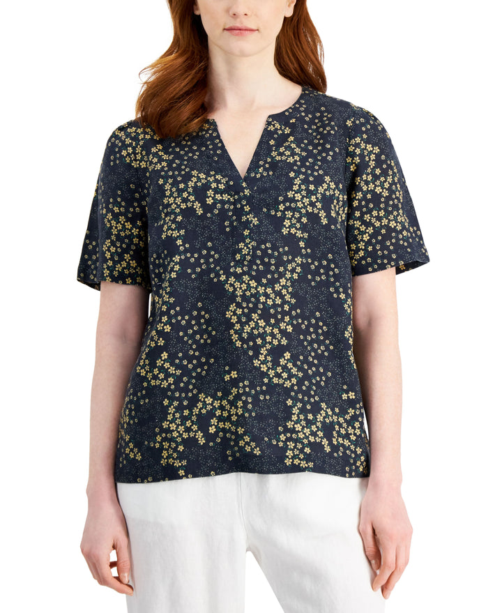 Charter Club Linen Floral-Print Split-Neck Top