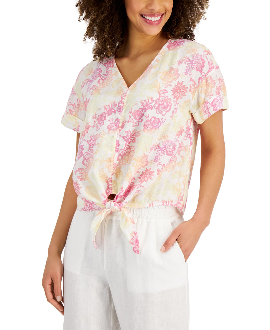 Charter Club Petite Floral Linen Tie Front Top