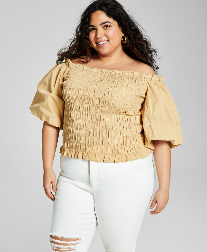 Now This Trendy Plus Size Smocked Poplin Shirt