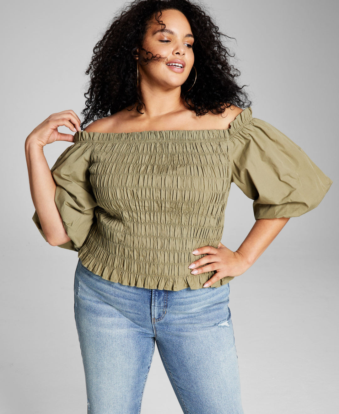 Now This Trendy Plus Size Smocked Poplin Shirt
