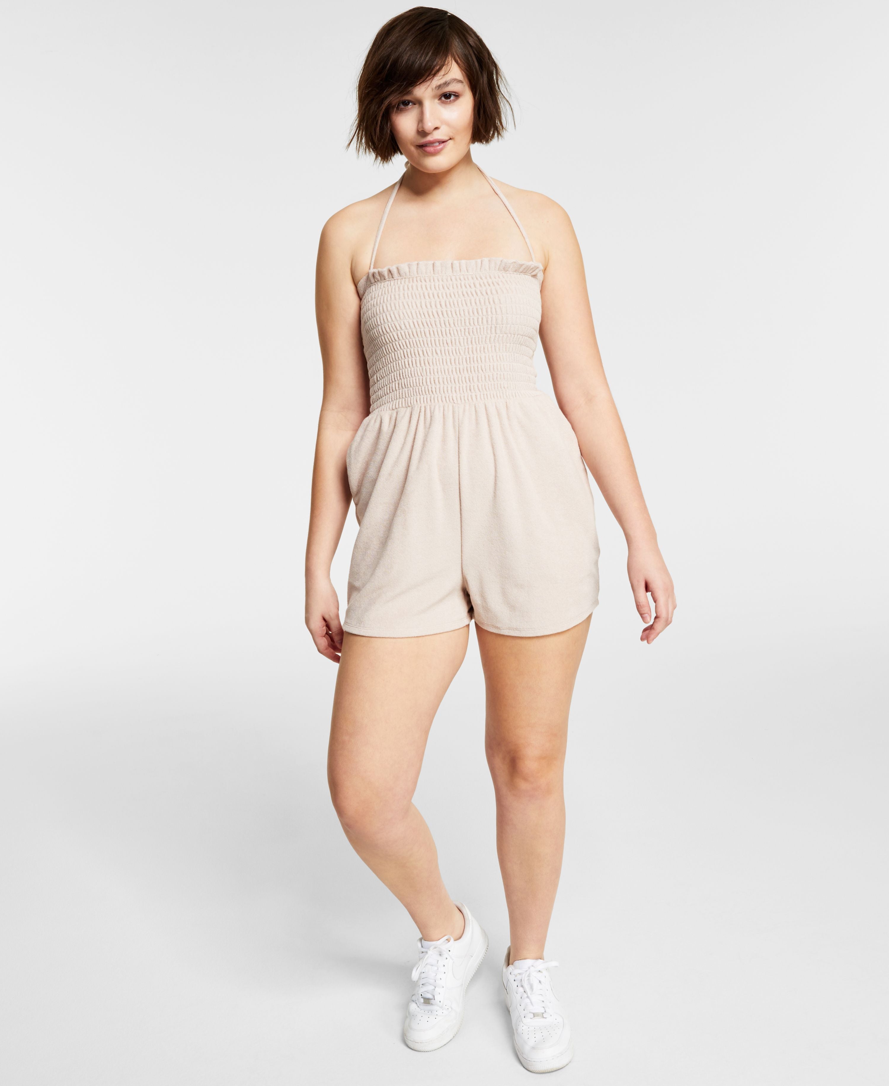 Bar III Womens Tie Neck Terry Cloth Romper
