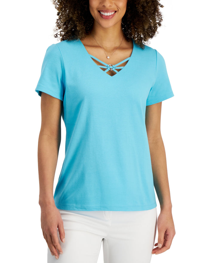 Karen Scott Womens Cotton Crisscross V Neck Top