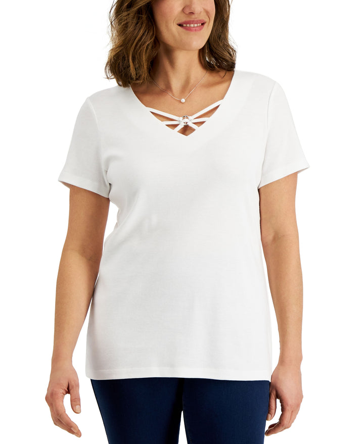 Karen Scott Womens Cotton Crisscross V Neck Top