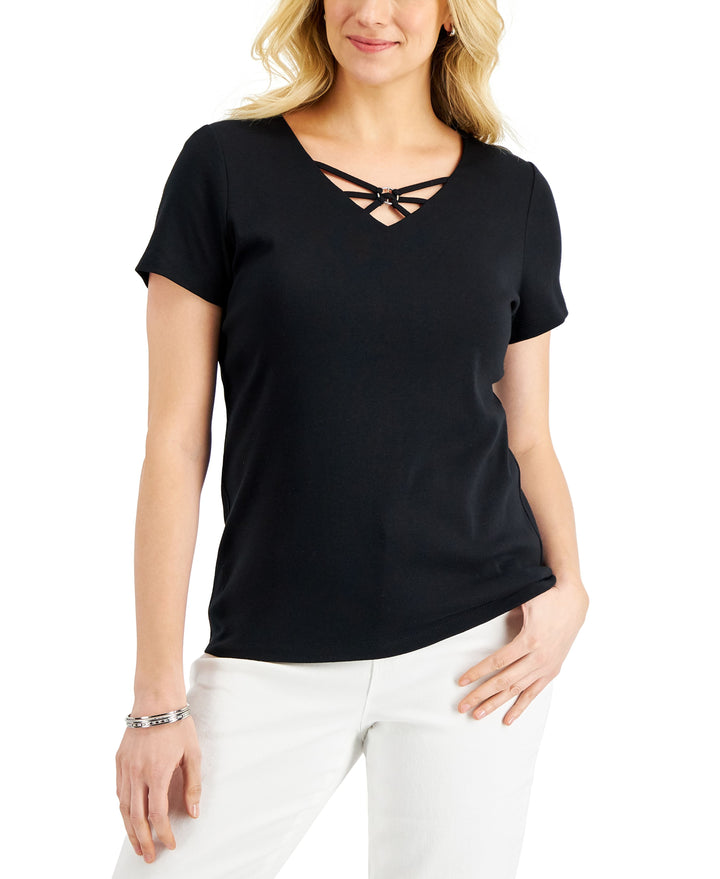 Karen Scott Womens Cotton Crisscross V Neck Top