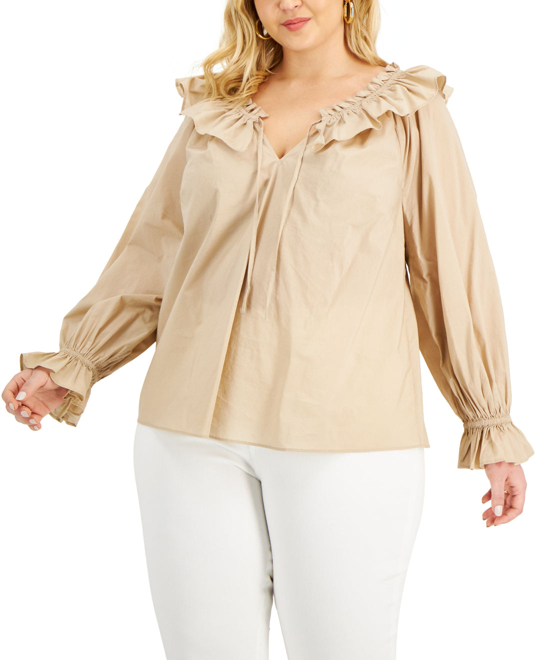 INC International Concepts Plus Size Solid Tie Neck Ruffled Blouse