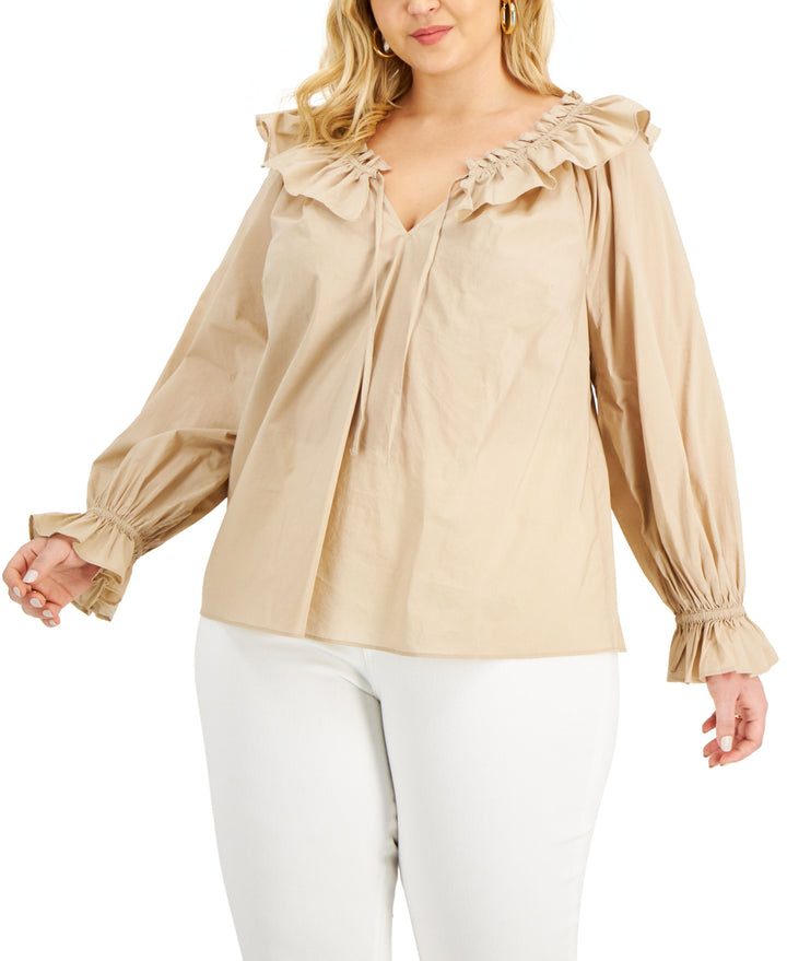 INC International Concepts Plus Size Solid Tie Neck Ruffled Blouse