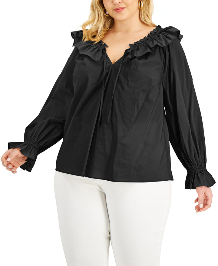 INC International Concepts Plus Size Solid Tie Neck Ruffled Blouse