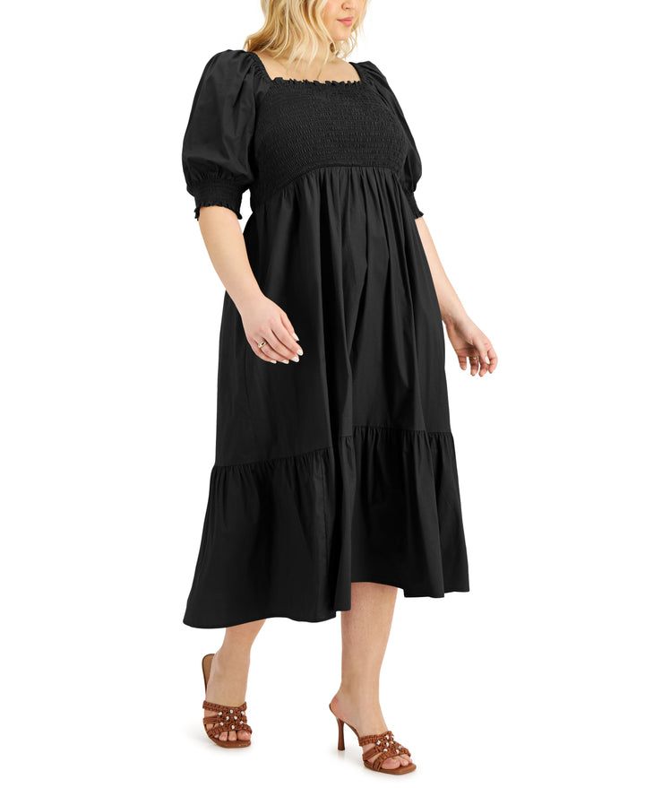 INC International Concepts Plus Size Smocked Puff Sleeve A Line Dress