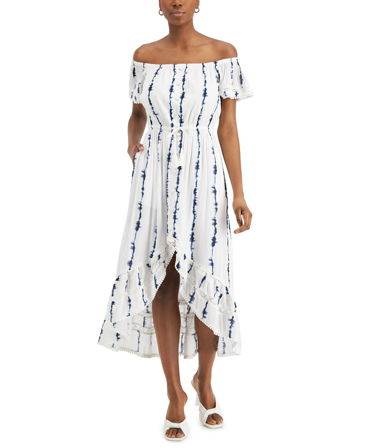 INC International Concepts Petite Tie Dyed Ruffled Off The Shoulder Dress