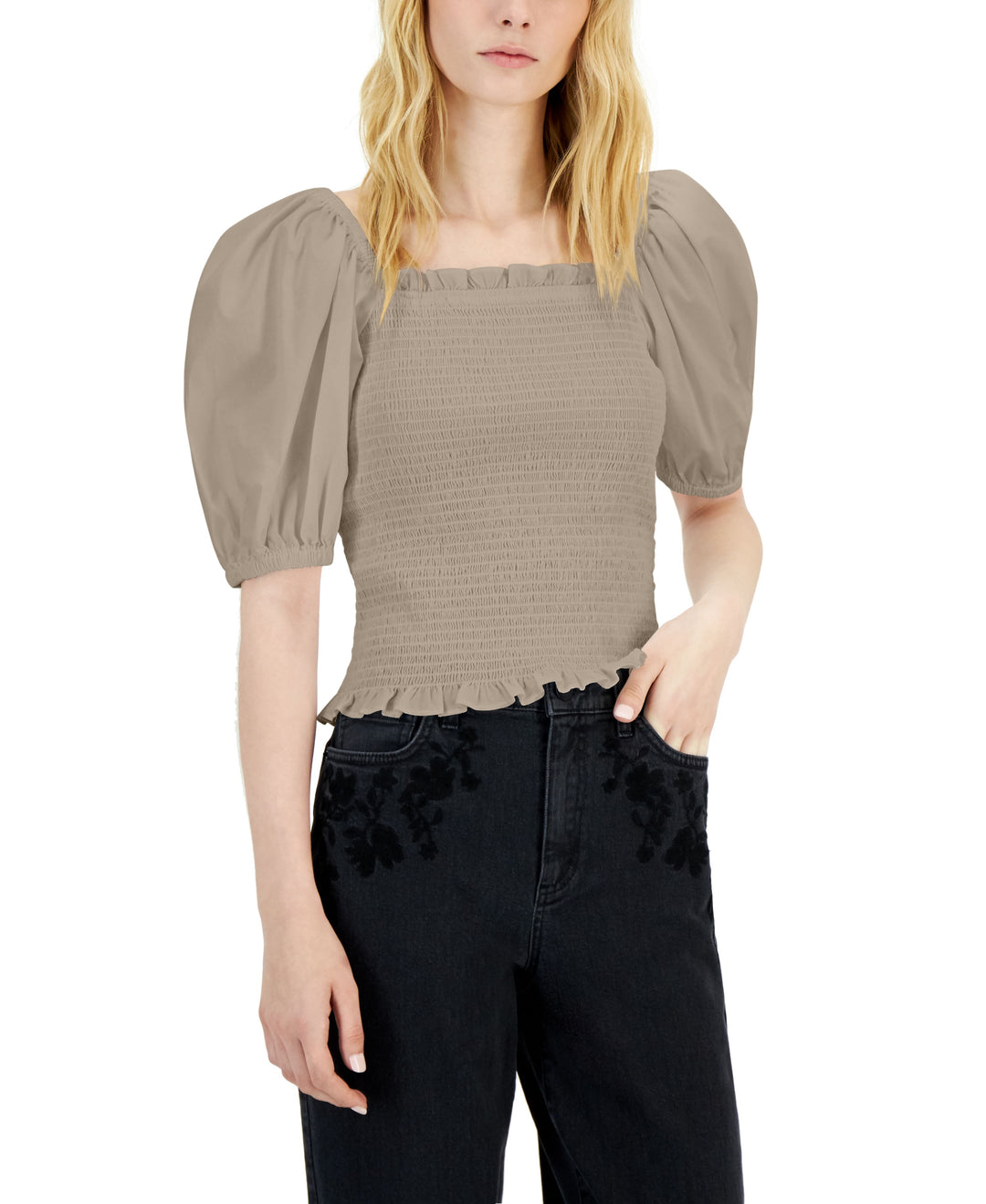 INC International Concepts Womens Puff Sleeve Smocked Top