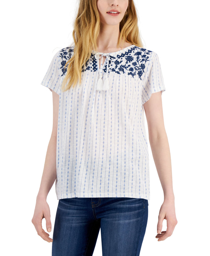 Women's Printed Embroidered Tassel-Tie Top