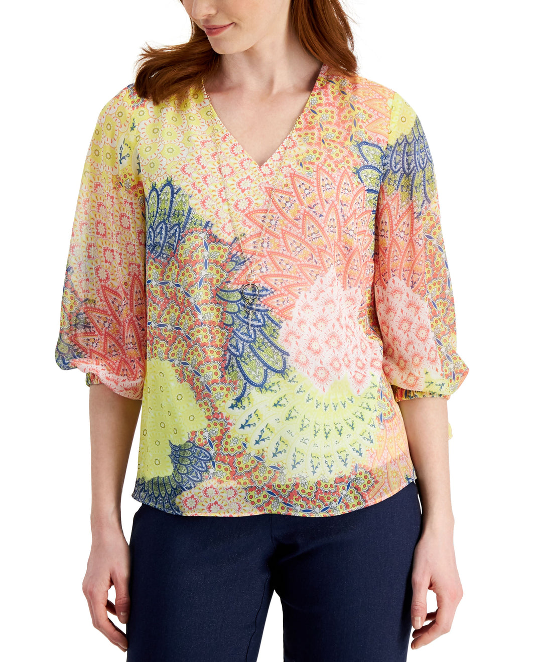 JM Collection Womens Printed Necklace Top