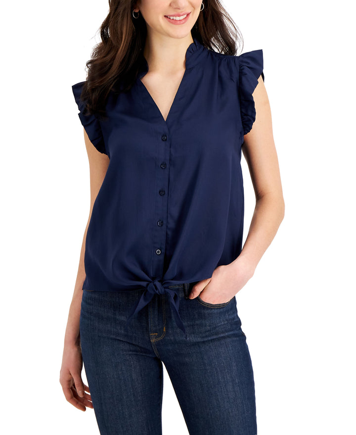 Charter Club Womens Tie Hem Button Up Blouse