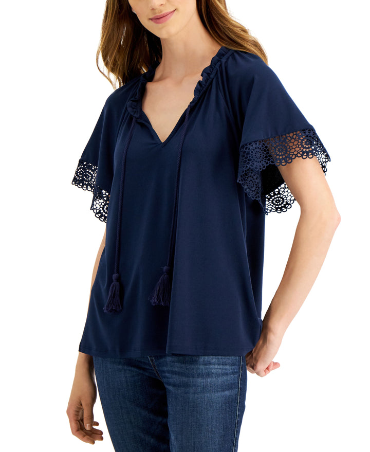 Charter Club Womens Tie Neck Eyelet Trim Top