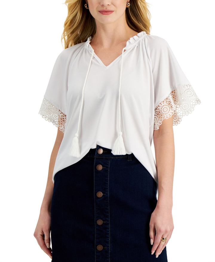 Charter Club Womens Tie Neck Eyelet Trim Top