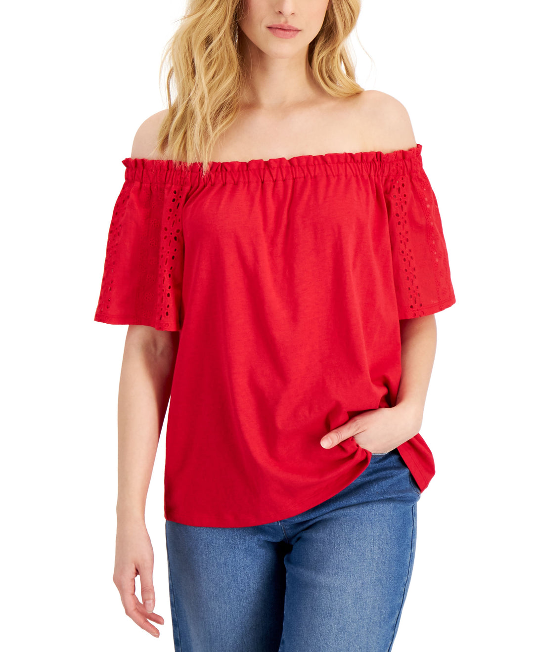 Charter Club Womens Eyelet-Sleeve Off-The-Shoulder Top