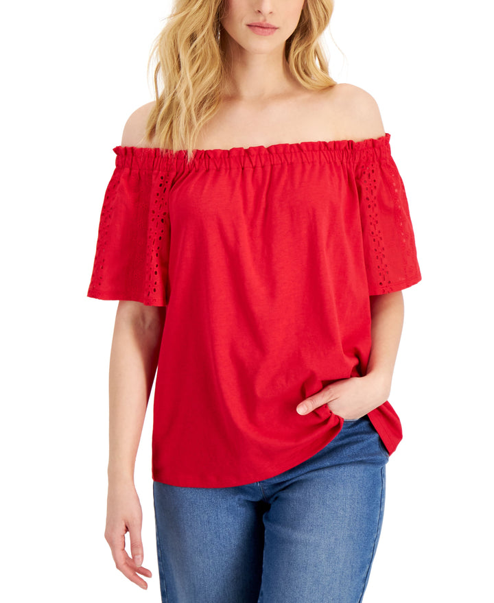 Charter Club Petite Eyelet-Sleeve Off-The-Shoulder Top