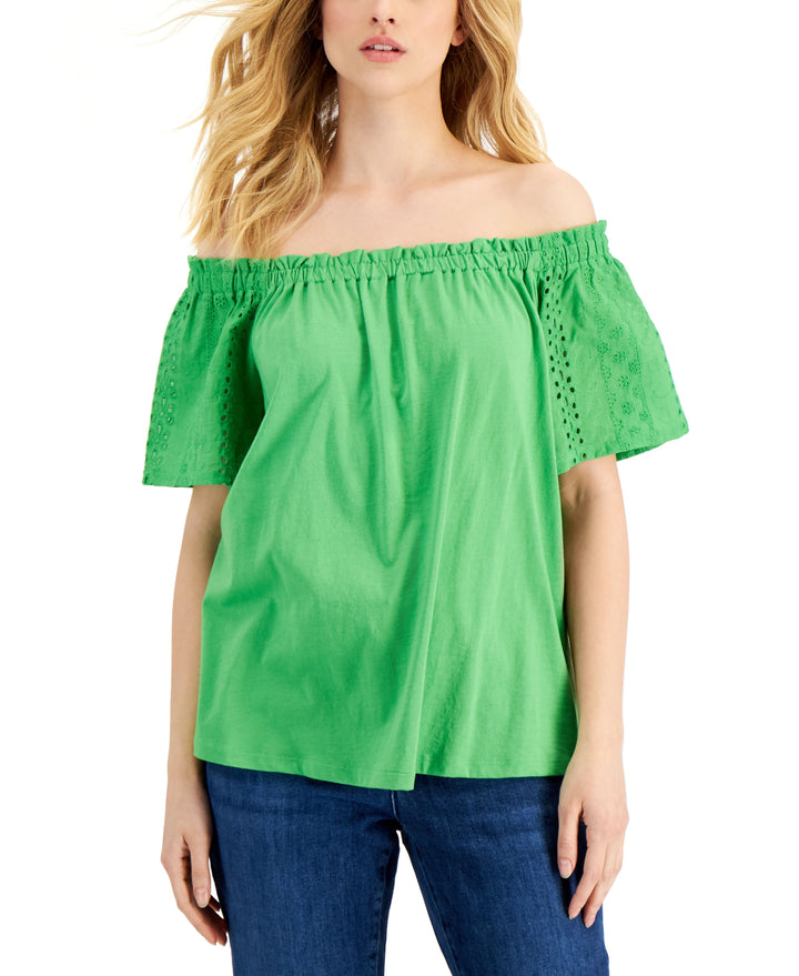 Charter Club Womens Eyelet-Sleeve Off-The-Shoulder Top