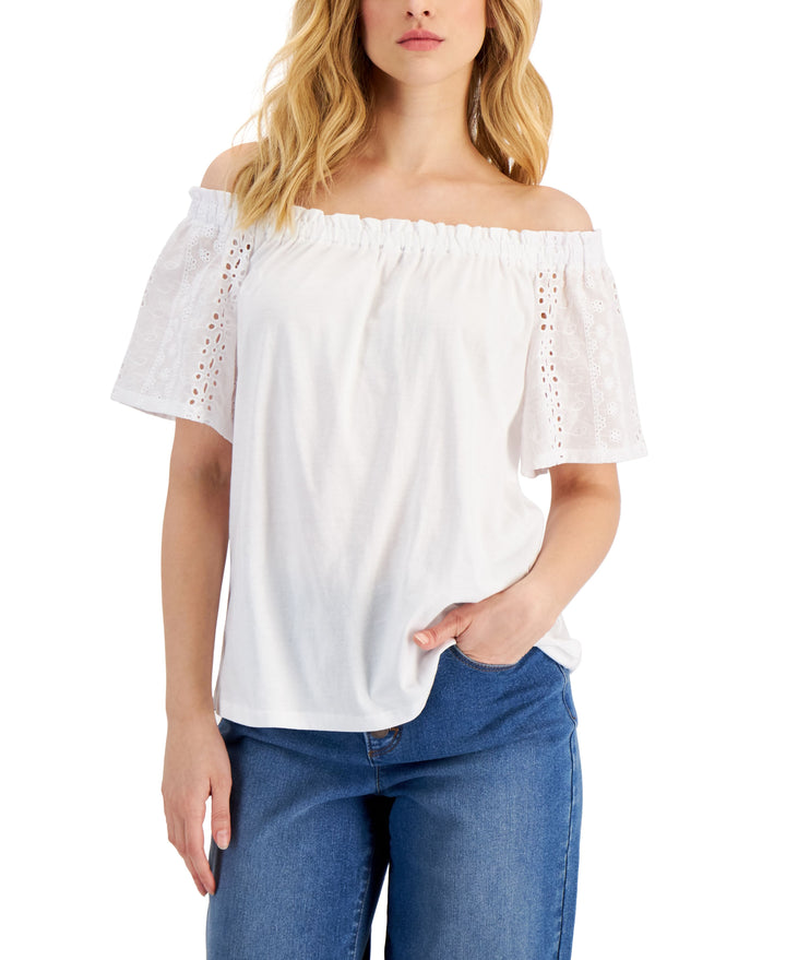 Charter Club Petite Eyelet-Sleeve Off-The-Shoulder Top