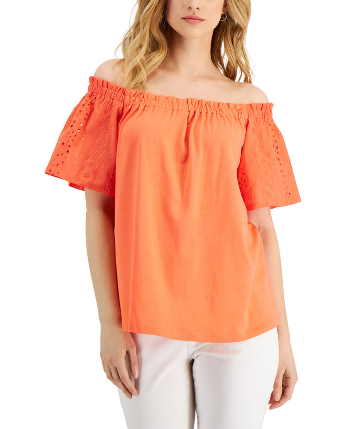 Charter Club Womens Eyelet-Sleeve Off-The-Shoulder Top
