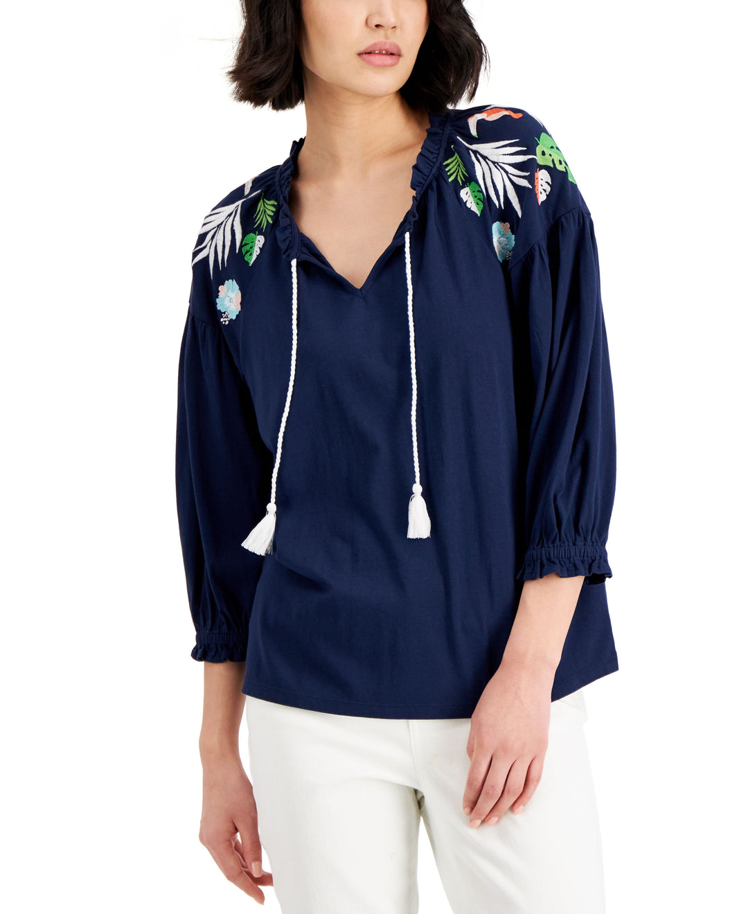 Charter Club Womens Embroidered Peasant Top