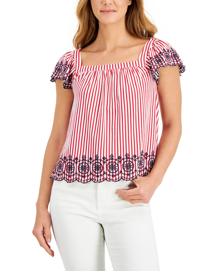 Charter Club Petite Striped Eyelet-Trim Top