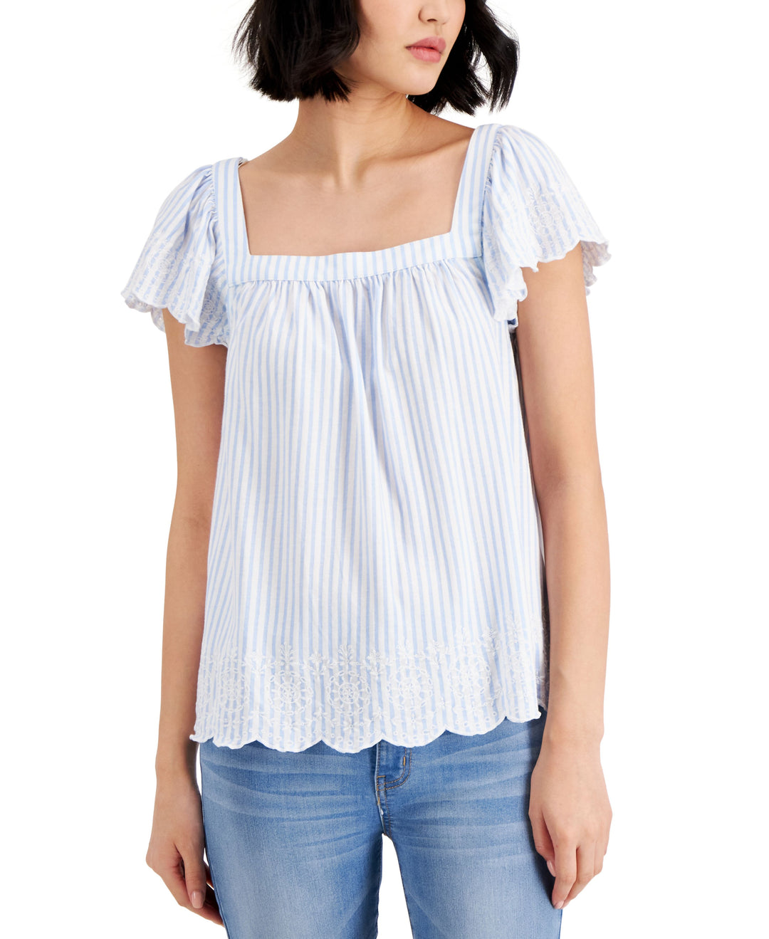 Charter Club Petite Striped Eyelet-Trim Top