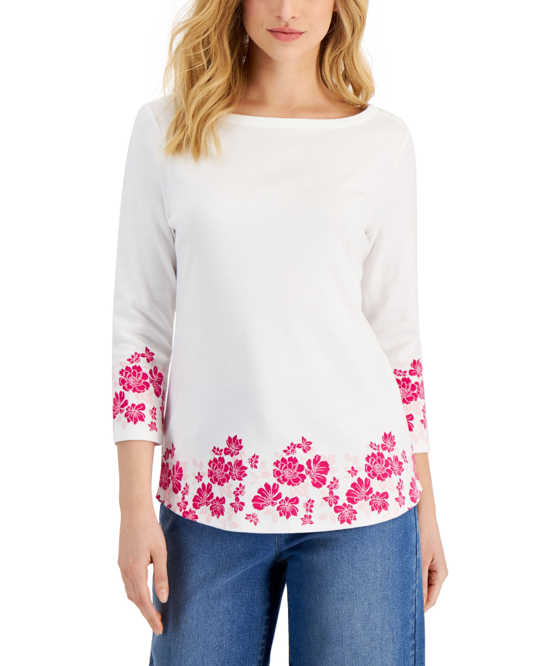 Charter Club Womens 3/4 Sleeve Border Boat Neck Top