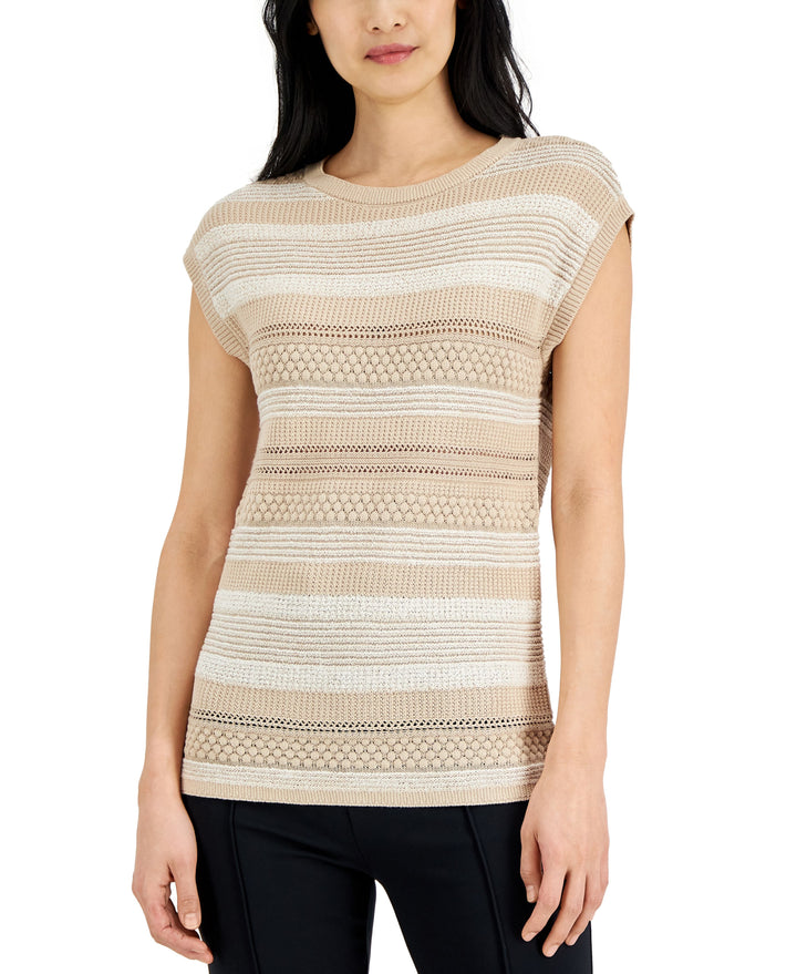 Alfani Womens Mixed Stitch Striped Cap Sleeve Sweater