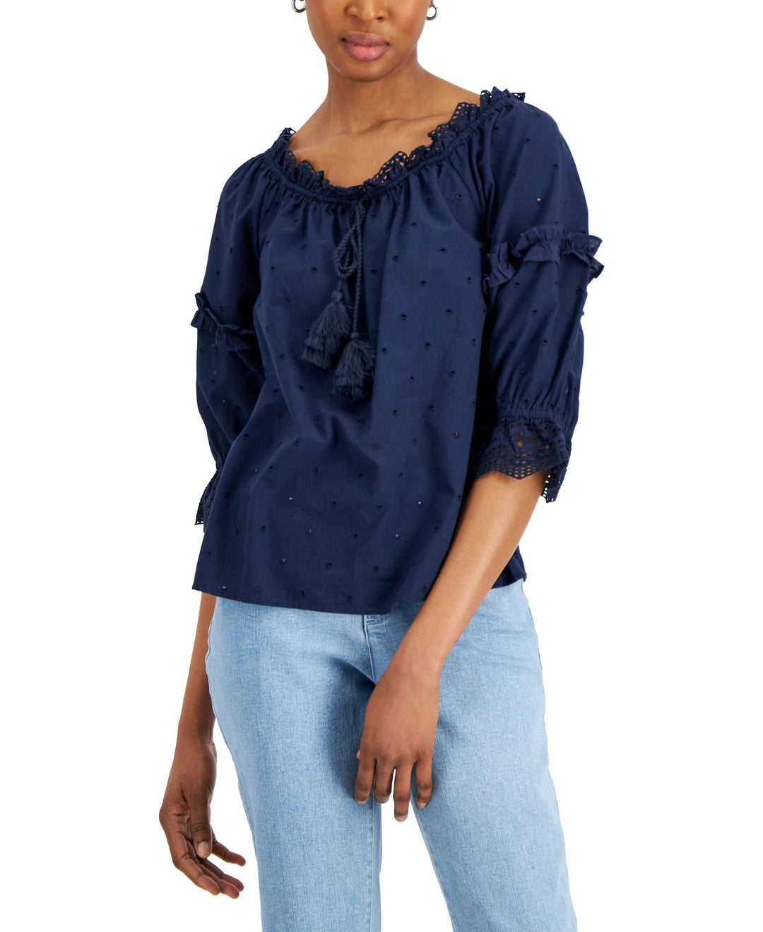 Charter Club Womens Woven Eyelet Off-The-Shoulder Top