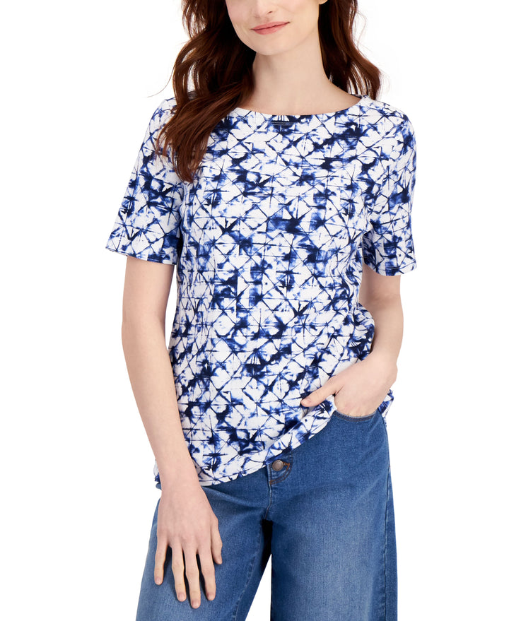Charter Club Womens Cotton Printed Boat Neck Top