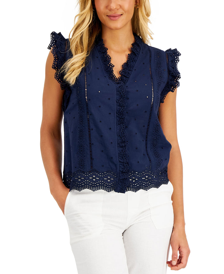 Charter Club Cotton Ruffled Eyelet Top