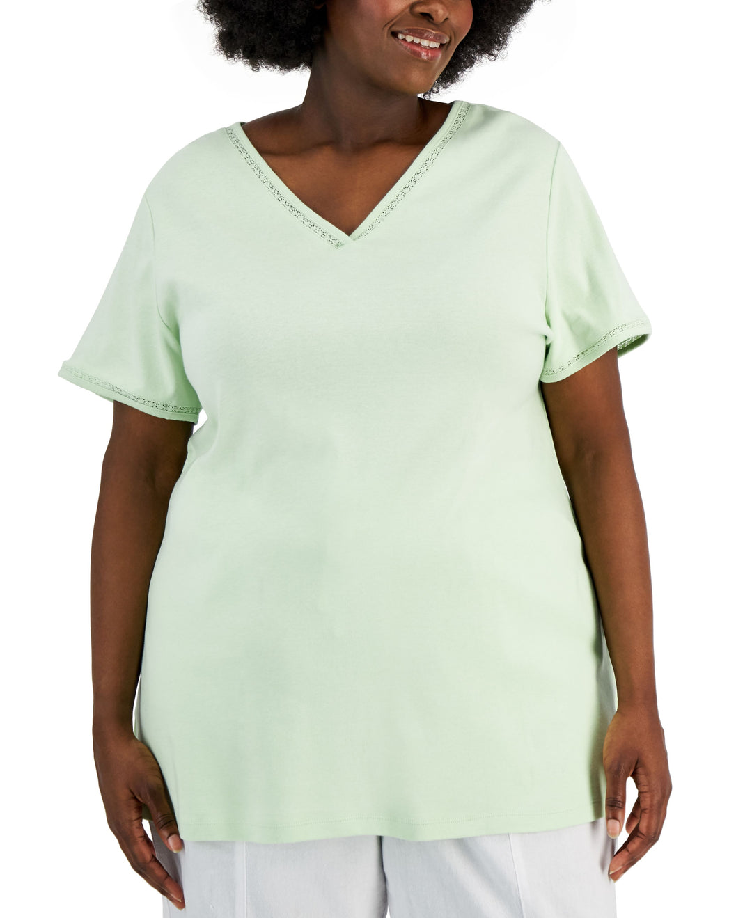 Karen Scott Plus Size Cotton Crochet Trimmed Top