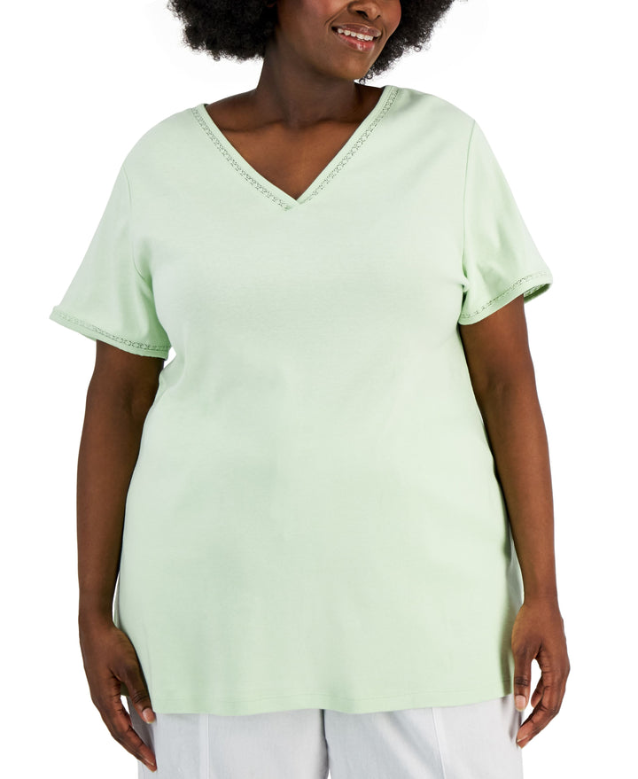 Karen Scott Plus Size Cotton Crochet Trimmed Top