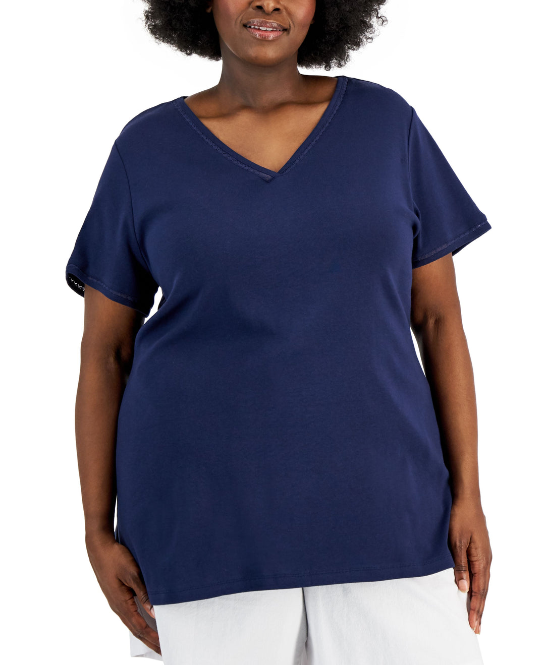 Karen Scott Plus Size Cotton Crochet Trimmed Top