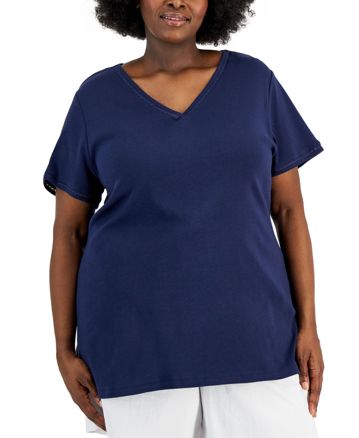 Karen Scott Plus Size Cotton Crochet Trimmed Top