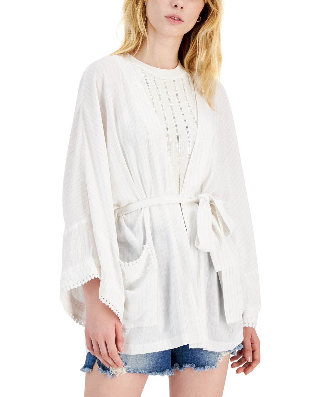 INC International Concepts Womens Metallic Crinkle Gauze Tie Waist Top