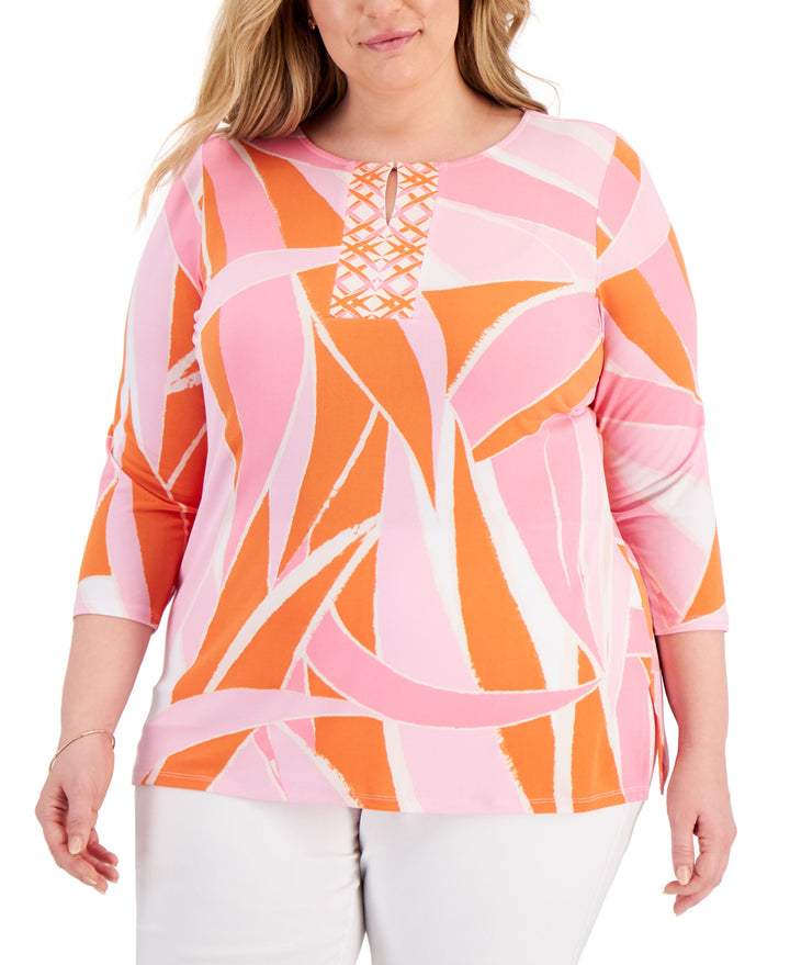 JM Collection Plus Size Printed Y Neck Top