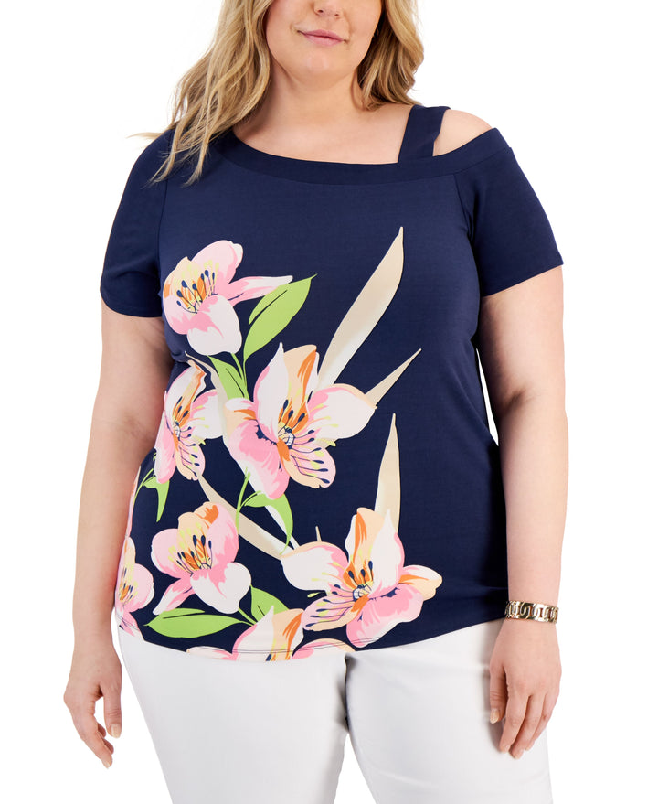 JM Collection Floral Cold Shoulder Top