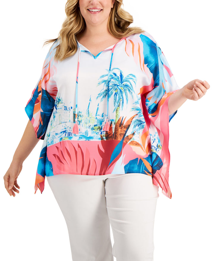 JM Collection Plus Size Tropical Print Poncho
