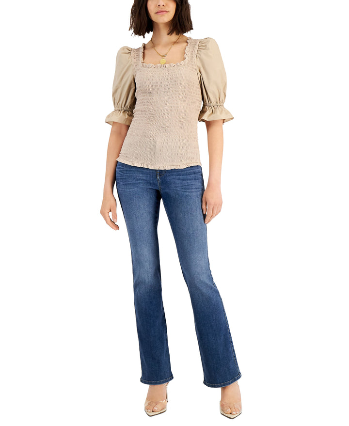 INC International Concepts Womens Smocked Puff Sleeve Solid Top