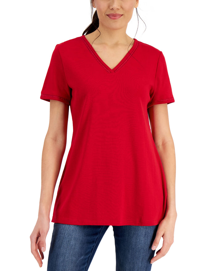 Karen Scott Womens Cotton Lace Trimmed Top