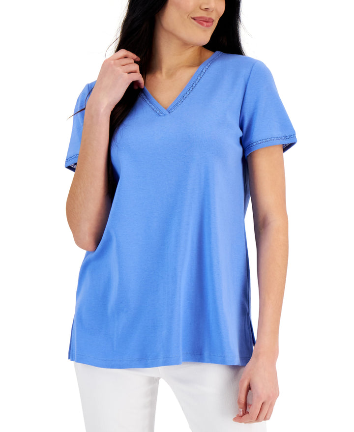 Karen Scott Womens Cotton Lace Trimmed Top