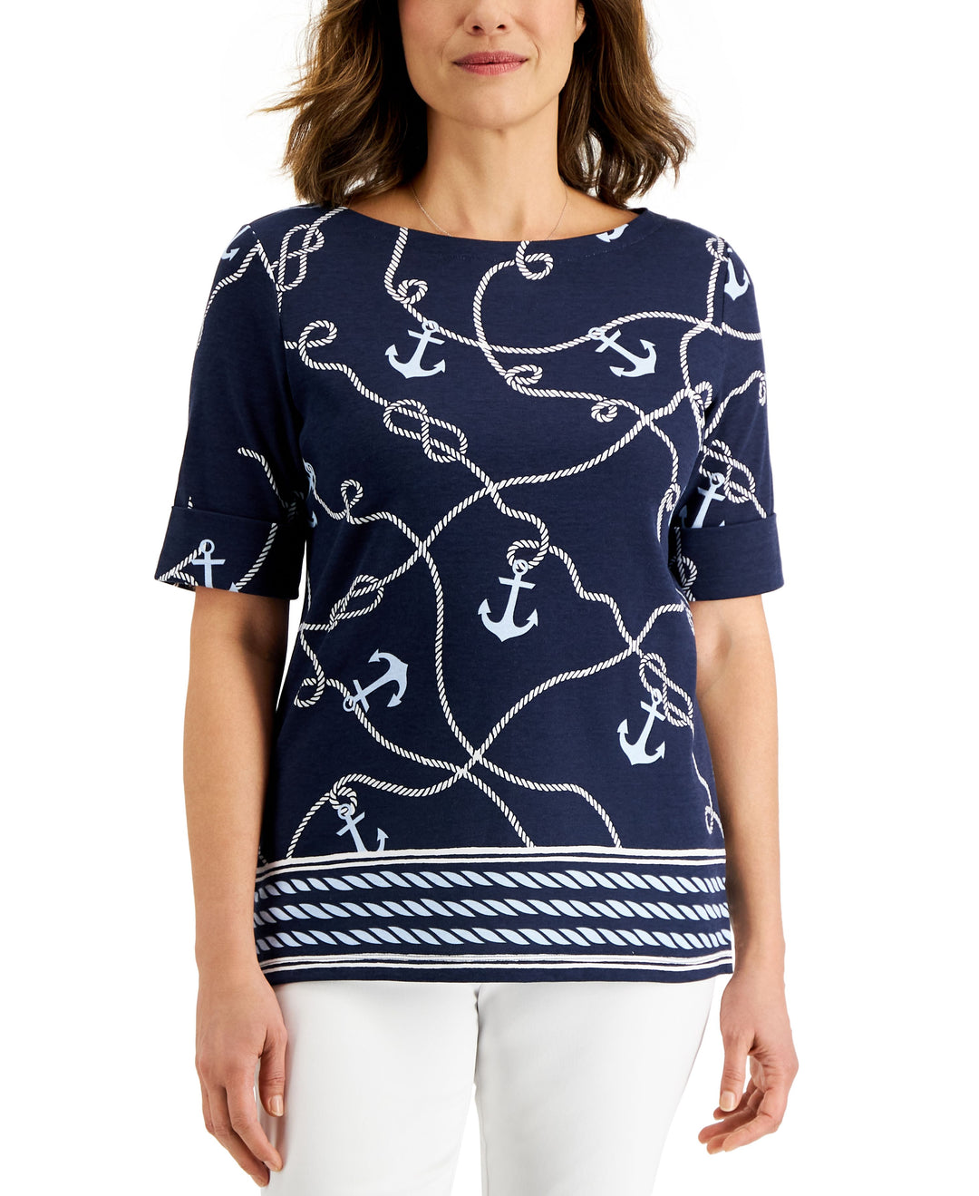 Karen Scott Petite Anchor Print Boatneck Top