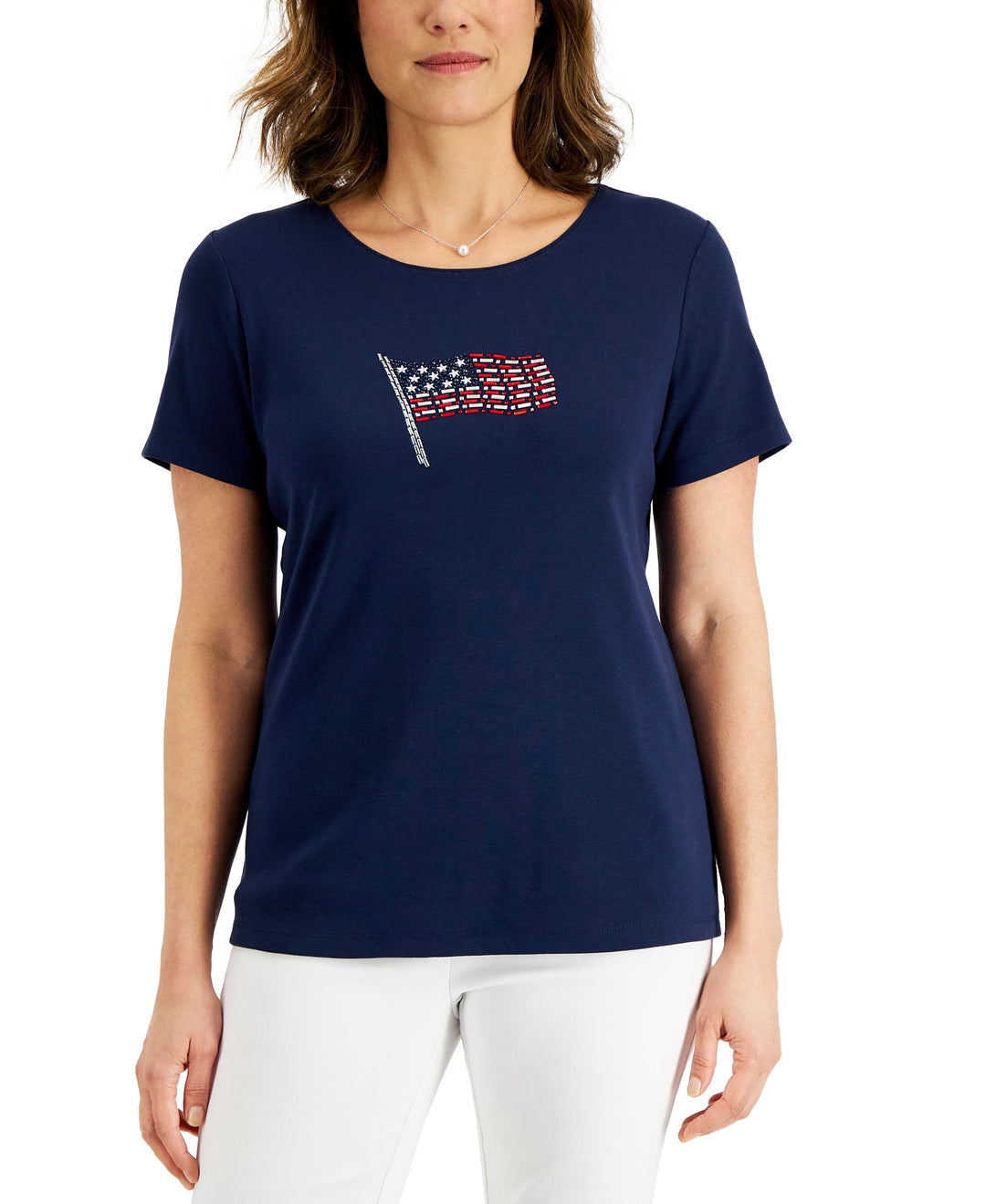 Karen Scott Womens Rhinestone Flag Top