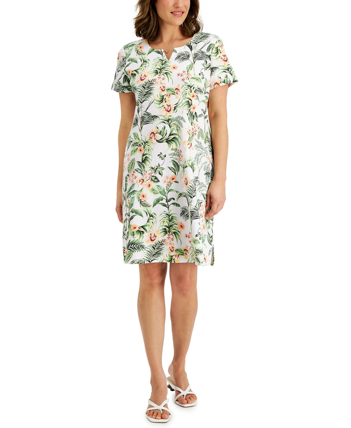 Karen Scott Petite Short Sleeve Bali Print Split Neck Dress