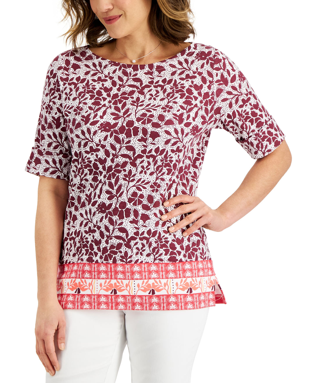 Karen Scott Petite Oahu Dream Elbow Sleeve Boatneck Top