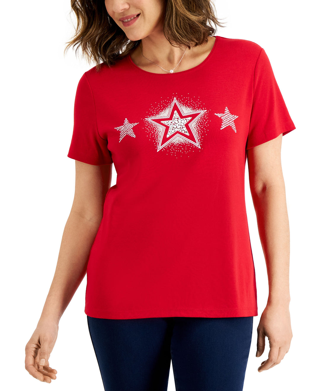 Karen Scott Womens Triple Shine Embellished Graphic T-Shirt